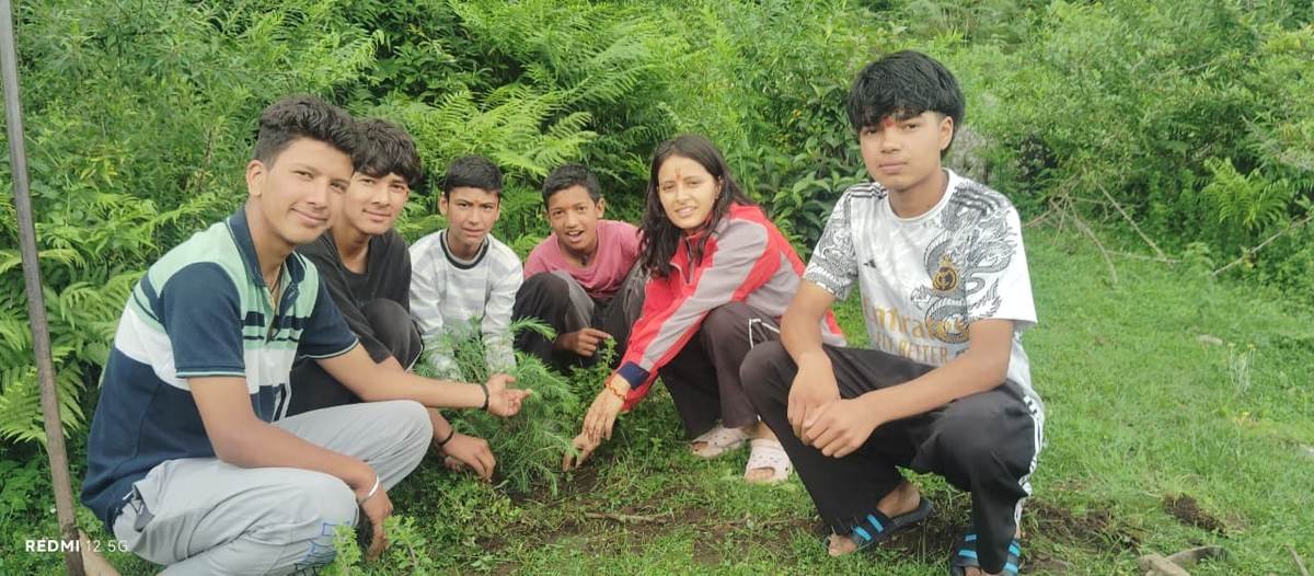 Young people planting saplings together